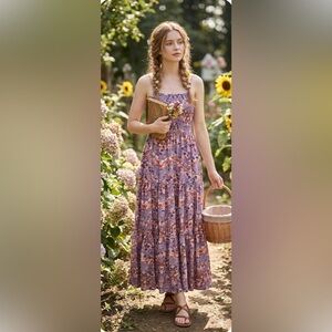 Abel The Label Floral Smocked Tiered Maxi Dress Small Flowy Boho Prairie Festive